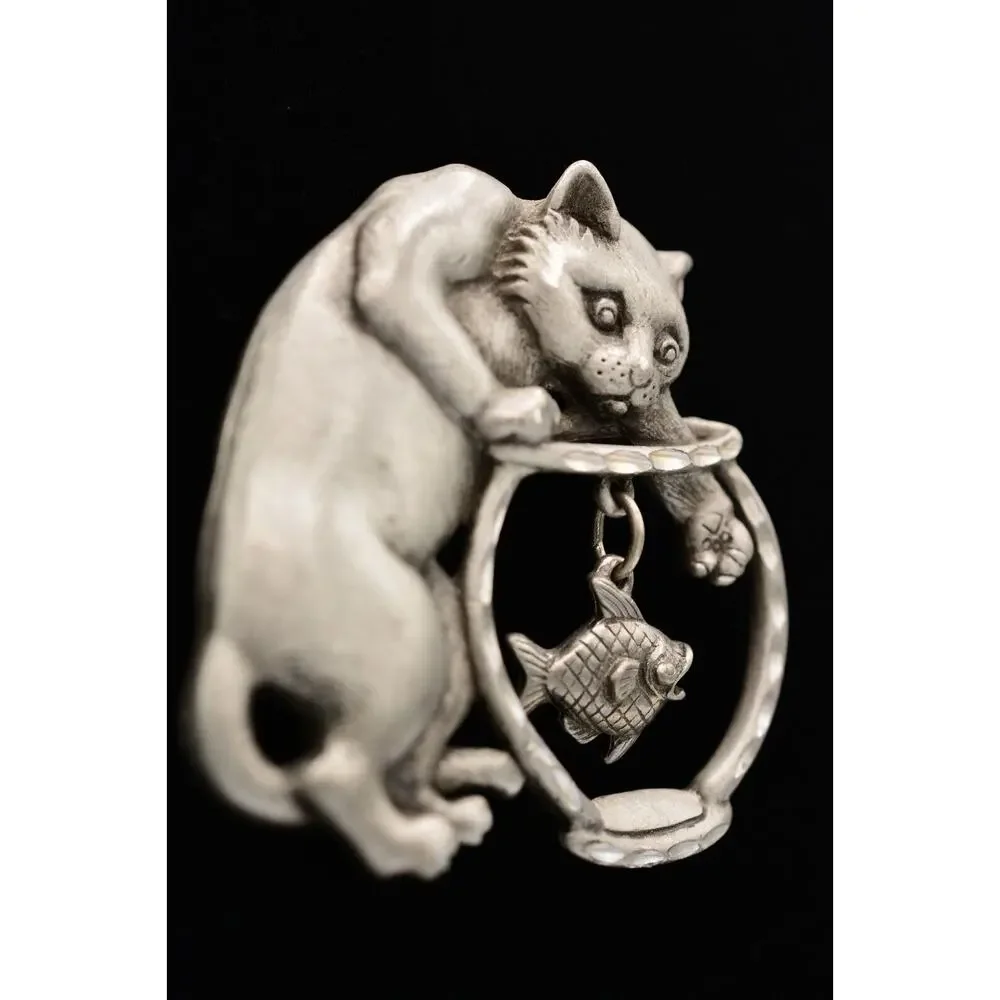 JJ Cat Pin Brooch Brushed Silver Pewter Fish Bowl Dangling Vintage Signed 80s 9B